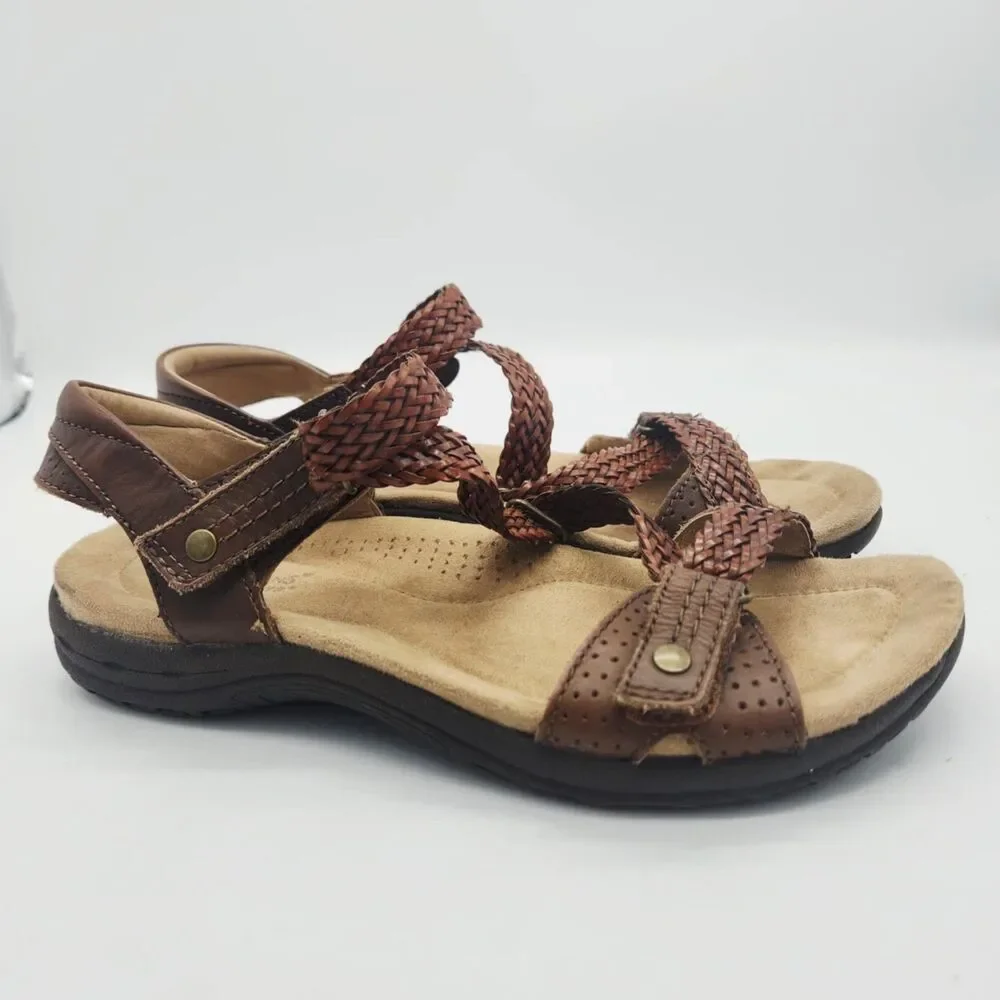 Earth Origins Stella Brown Braided Leather Slingback Sandals Womens 7 Adjustable
